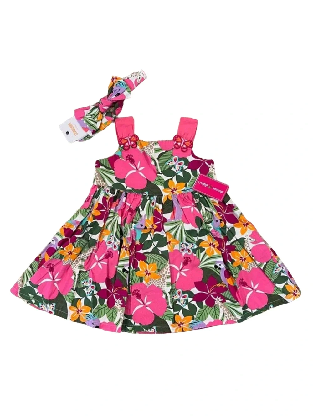 NWT Gymboree Pink/Green/Orange Tropical Flower Dress & Headband -18-24 Months